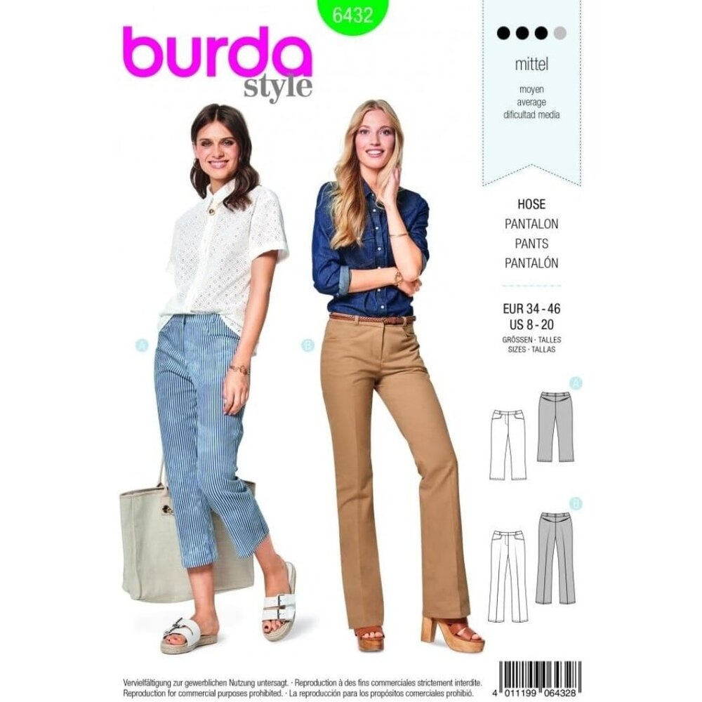 Burda Sewing Pattern 6432 Pants Trousers Cropped Misses Size‎ 8-20